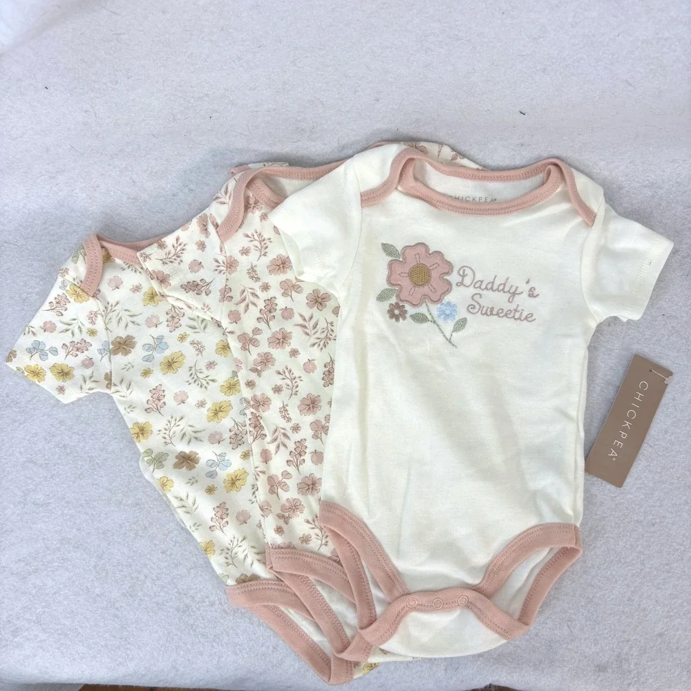 Chickpea Floral Embroidered Daddys Sweetie 3PK Bodysuit Baby Girl 6-9M Cottage